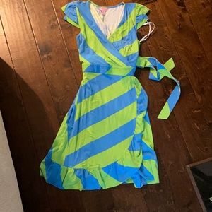 Green and blue wrap dress